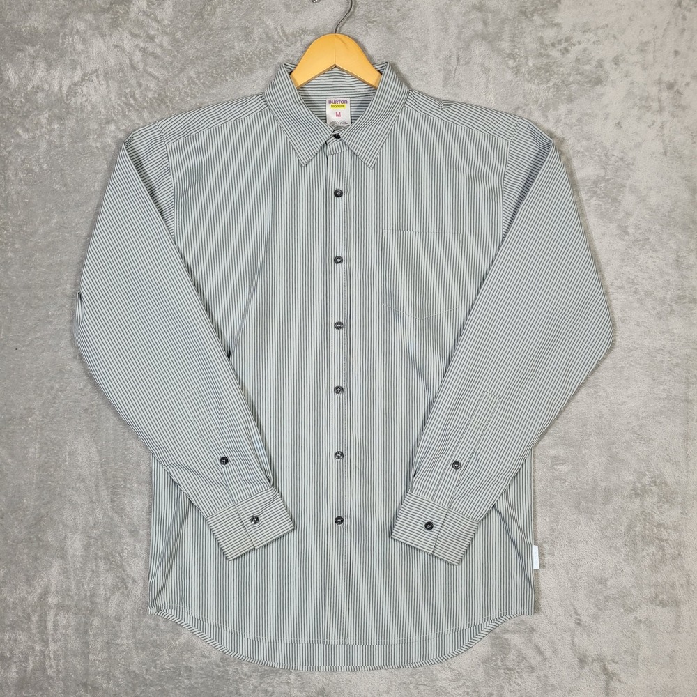 Burton Shirt Mens Medium Gray Black Striped Dryride Button Up Long Sleeve Pocket